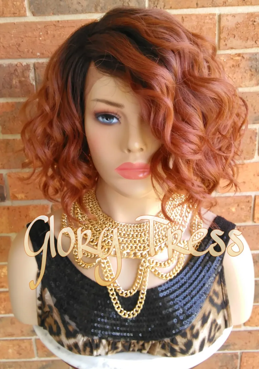 10" Wavy Lace Front Wig | Glory Tress | Short Wavy Bob Wig | 100% Human Hair Blend | Ombre Copper Red Wig | DELIGHT