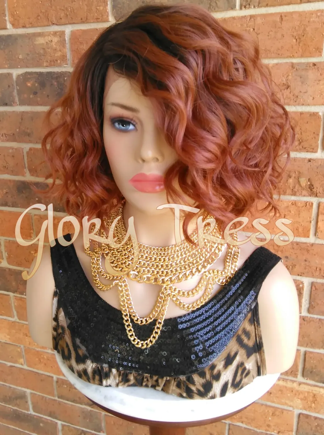 10" Wavy Lace Front Wig | Glory Tress | Short Wavy Bob Wig | 100% Human Hair Blend | Ombre Copper Red Wig | DELIGHT