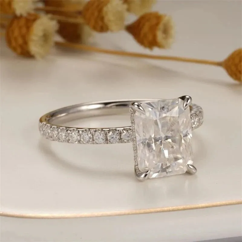 18k White Gold Radiant Cut 3.0 Ct Diamond Hidden Halo Engagement Ring