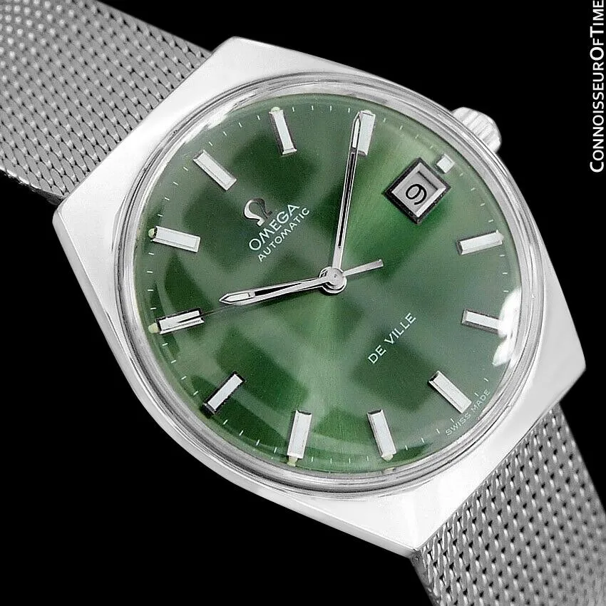 1970's Omega De Ville Vintage Mens Automatic Classic Retro Money Green Dial Watch - Stainless Steel
