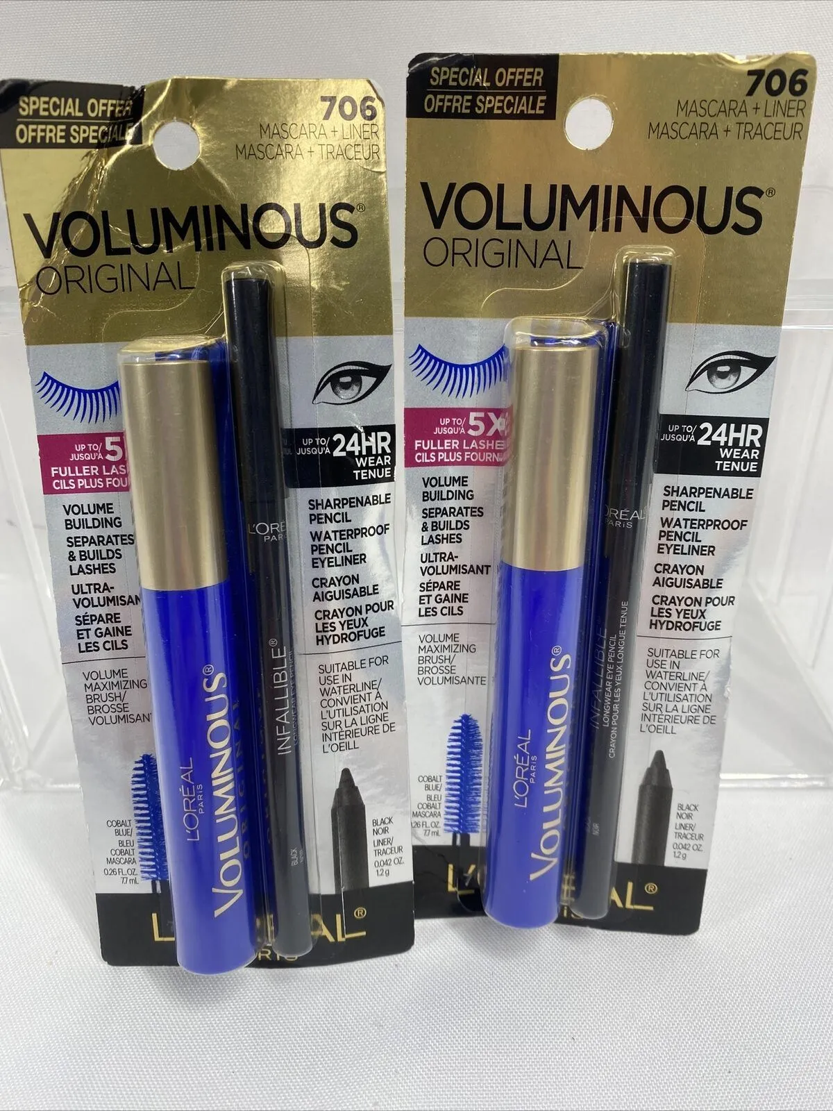 (2) L'Oréal 706 Cobalt Blue Voluminous Mascara Black Eyeliner Pencil