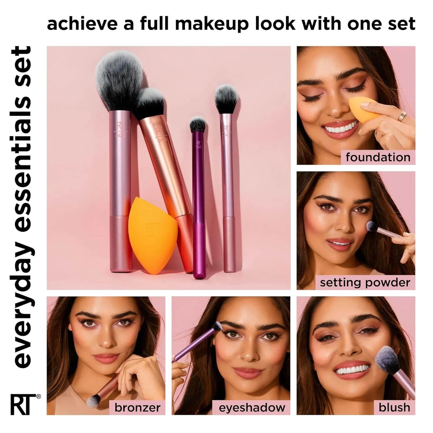 6 Piece Everyday Essentials Makeup Brush Set, Includes 4 Brushes & 2 Makeup Sponges, for Foundation, Blush, Bronzer, Contour, Eyeshadow, & Powder, Travel Gift Set, Cruelty-Free & Vegan
