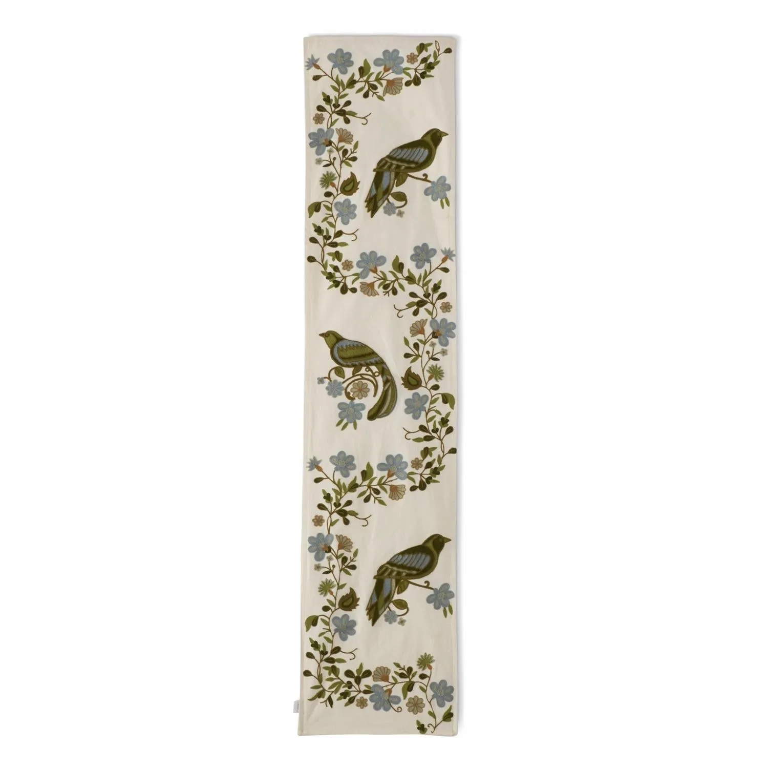 72" Blue Green Floral & Bird Embroidered Table Runner