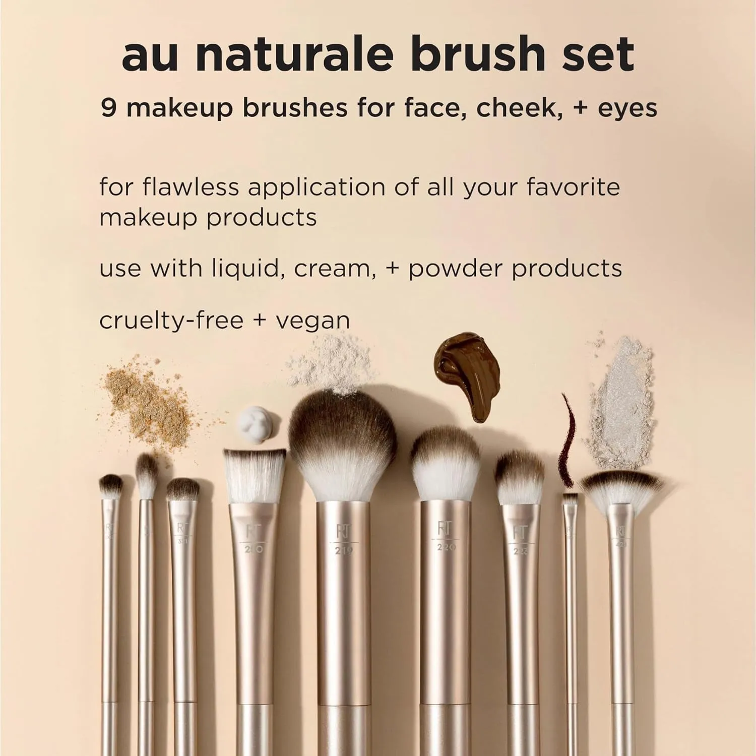 9 Piece Au Naturale Makeup Brush Set, for Liquid, Cream, & Powder Eyeshadow, Foundation, Blush, Bronzer & Contour, Travel Friendly Brushes, Gift Set, Cruelty-Free Bristles