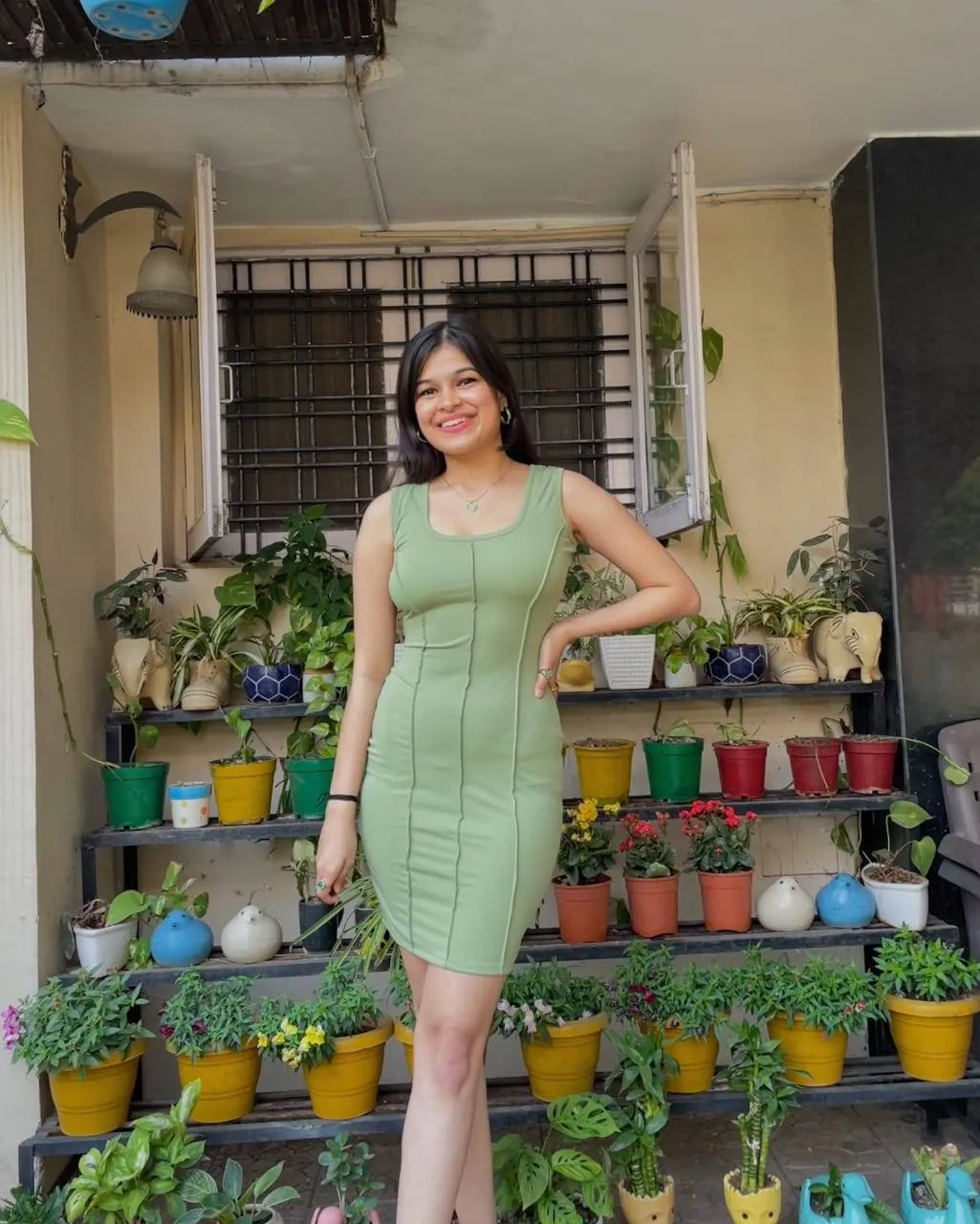 AAFROSE sage green panelled sleeveless dress