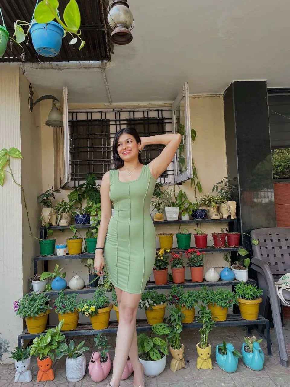 AAFROSE sage green panelled sleeveless dress