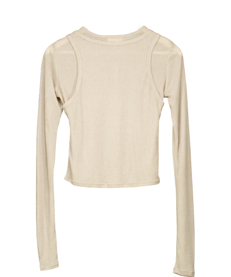 Adanola Beige Lightweight Rib Layered Tee UK S