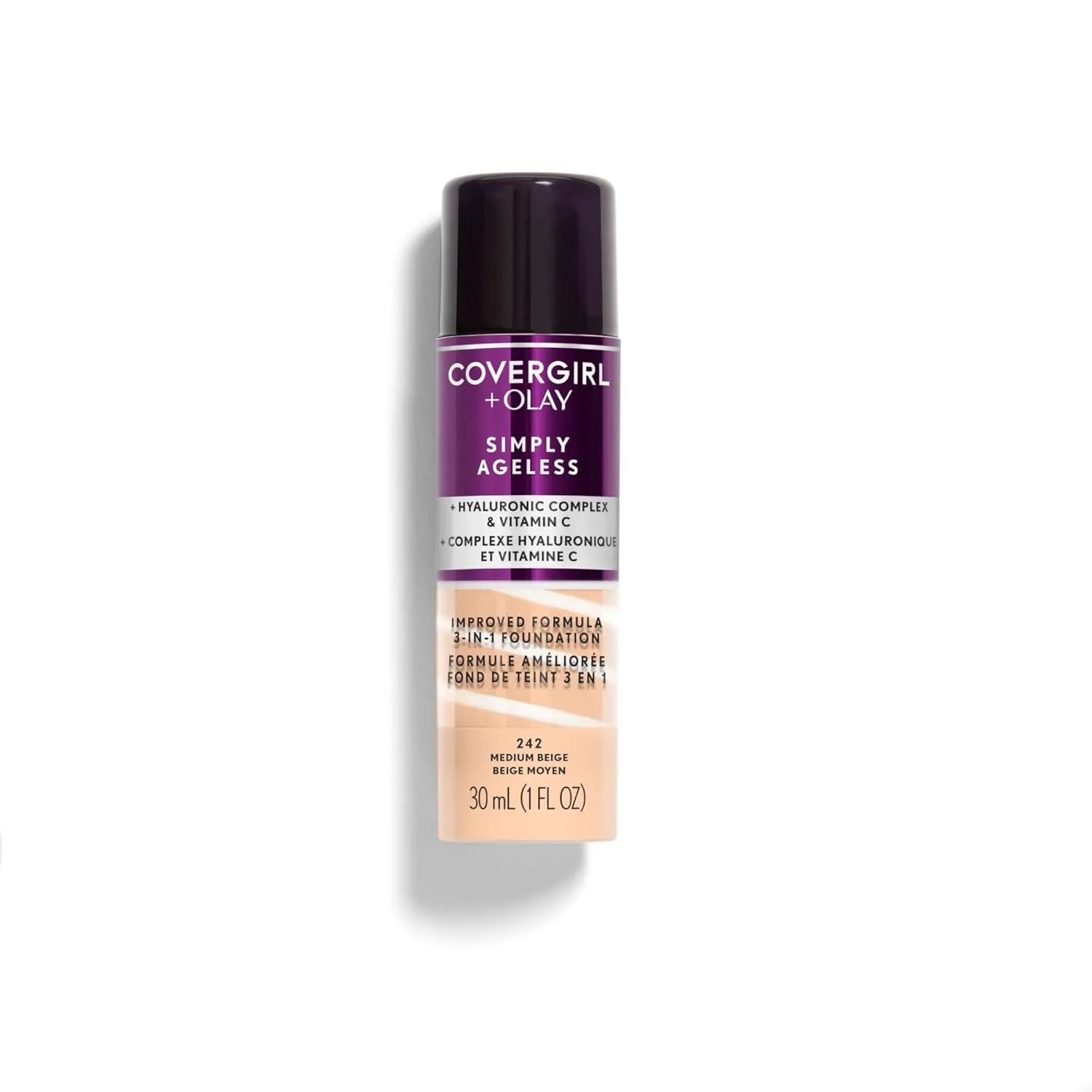 & Olay Simply Ageless 3-In-1 Liquid Foundation, Matte Finish, Hyaluronic & Vitamin C Formula, Cruelty Free, Creamy Natural, 1 Count