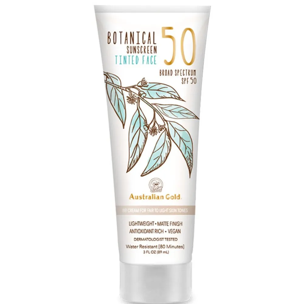 Australian Gold SPF 50 Botanical Sunscreen Tinted - BB Cream for Fair to Light Skin Tones / Lightweight / Matte Finish / Antioxidant Rich / Vegan / 3 fl. oz. - 89 mL.