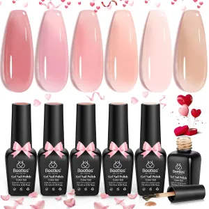 Beetles Spring Gel Nail Polish Set, 6 Colors Jelly Gel Polish Nude Pink Gel Neutral Nail Art Design Translucent Gel Nail Kits Soak off Uv Nail Lamp Cured Nail Manicure for Women
