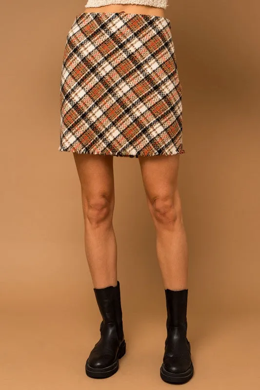 BIAS PLAID FRAYED HEM MINI SKIRT