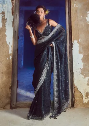Black embroidered organza sari set