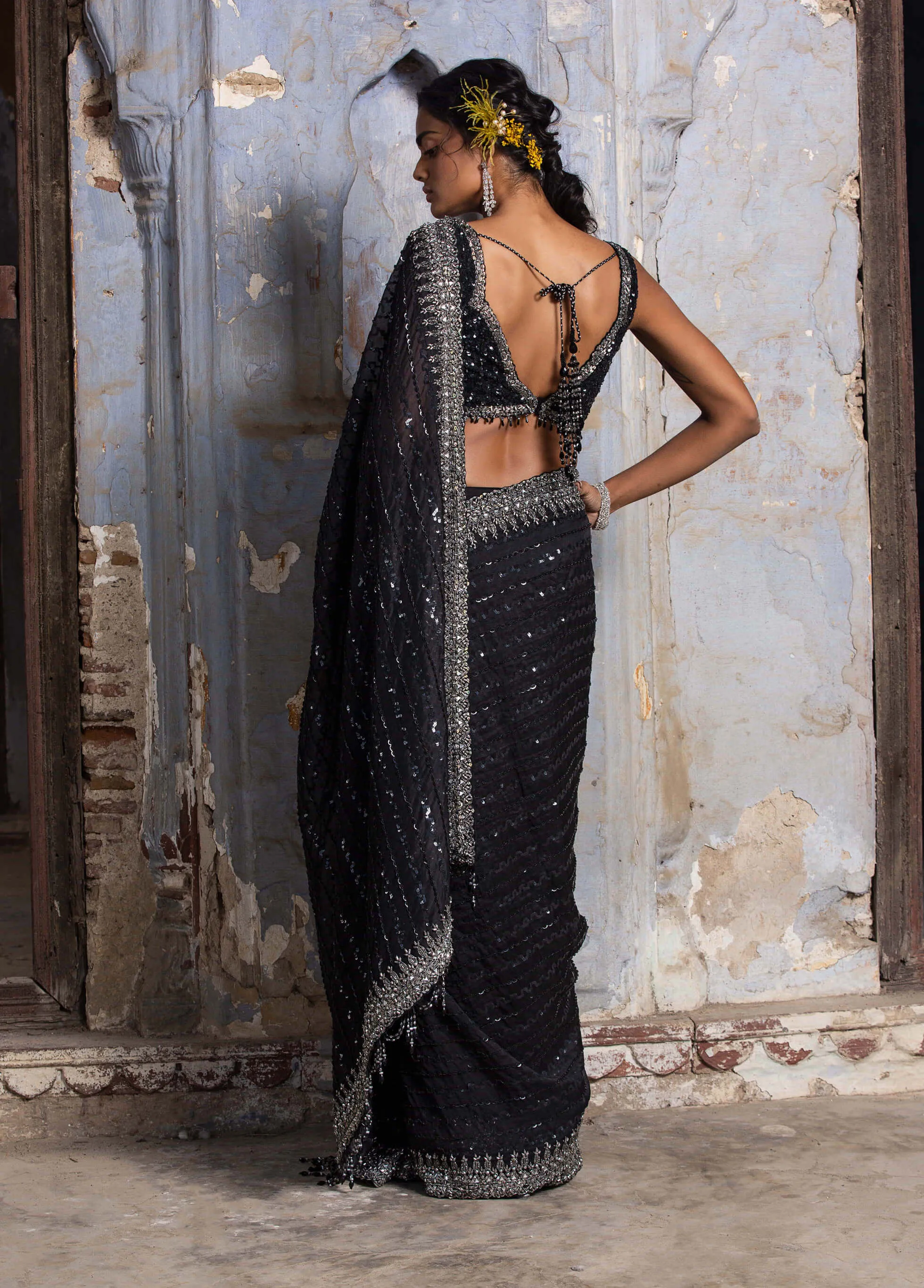 Black embroidered organza sari set
