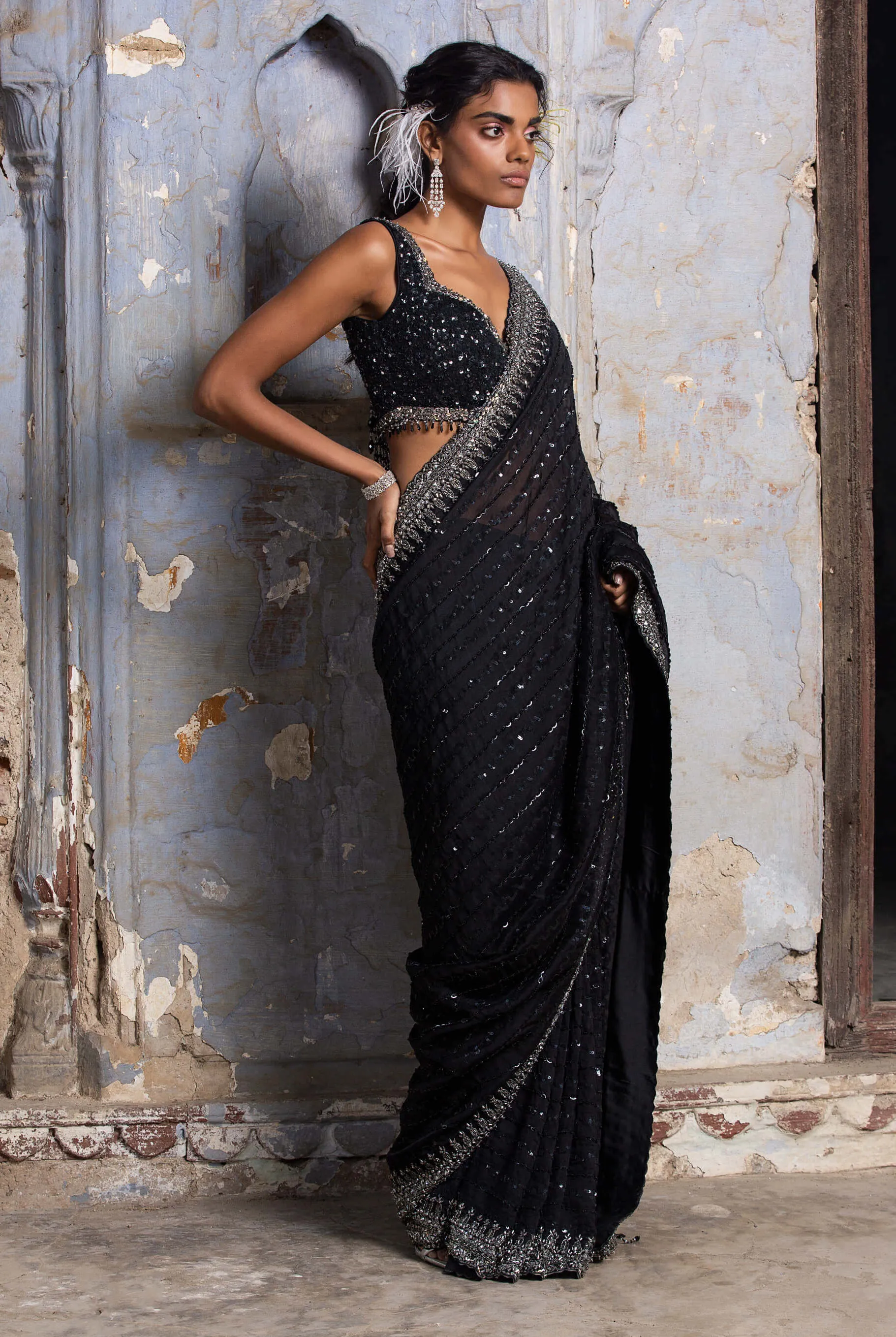 Black embroidered organza sari set