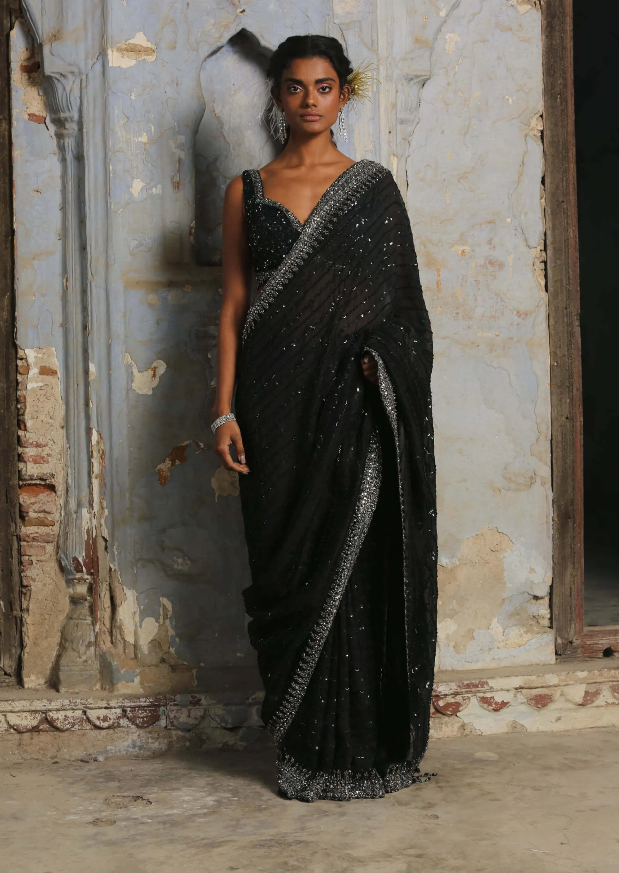 Black embroidered organza sari set