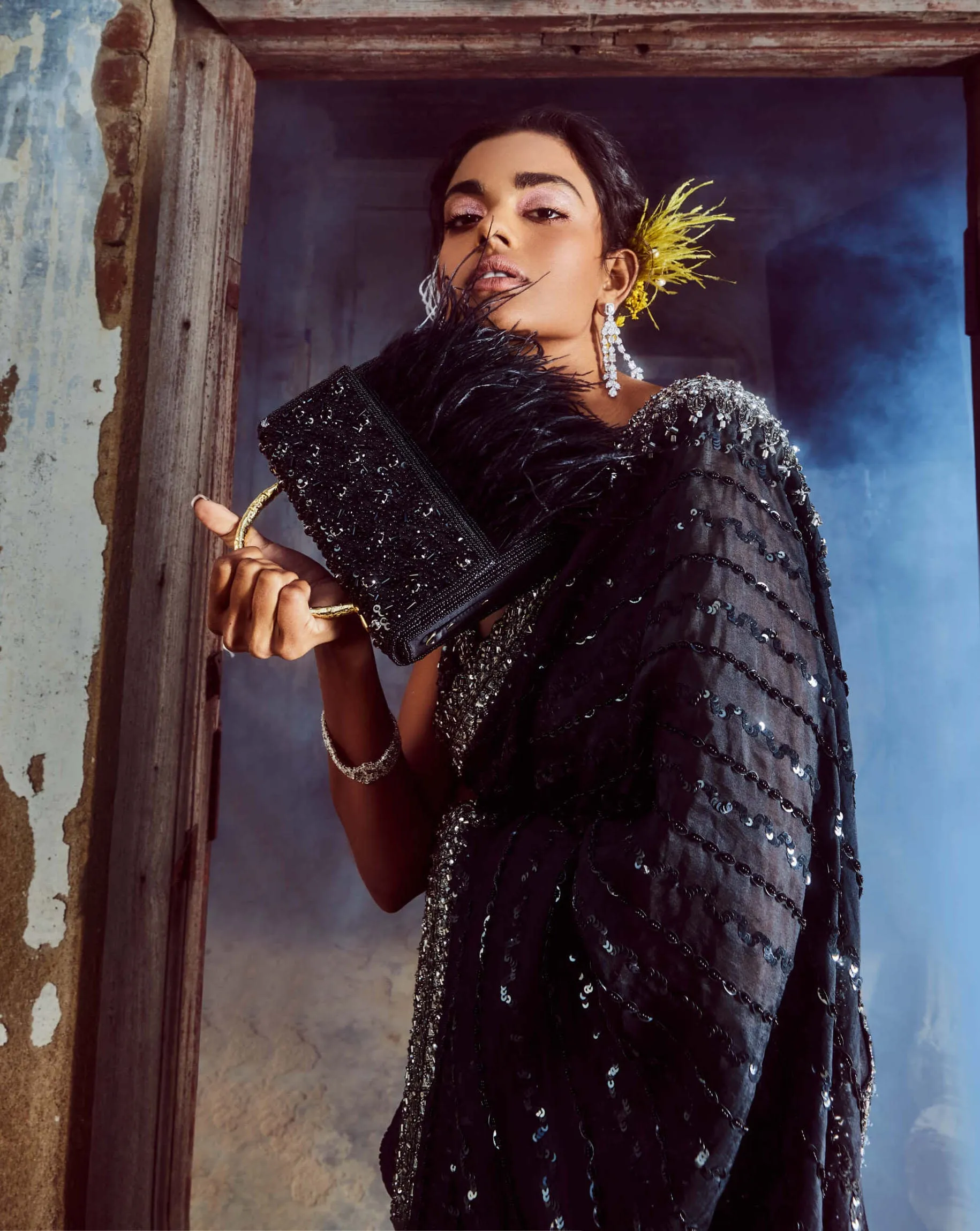 Black embroidered organza sari set