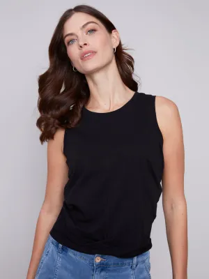 Black Organic Cotton Slub Faux Knot Tank Top