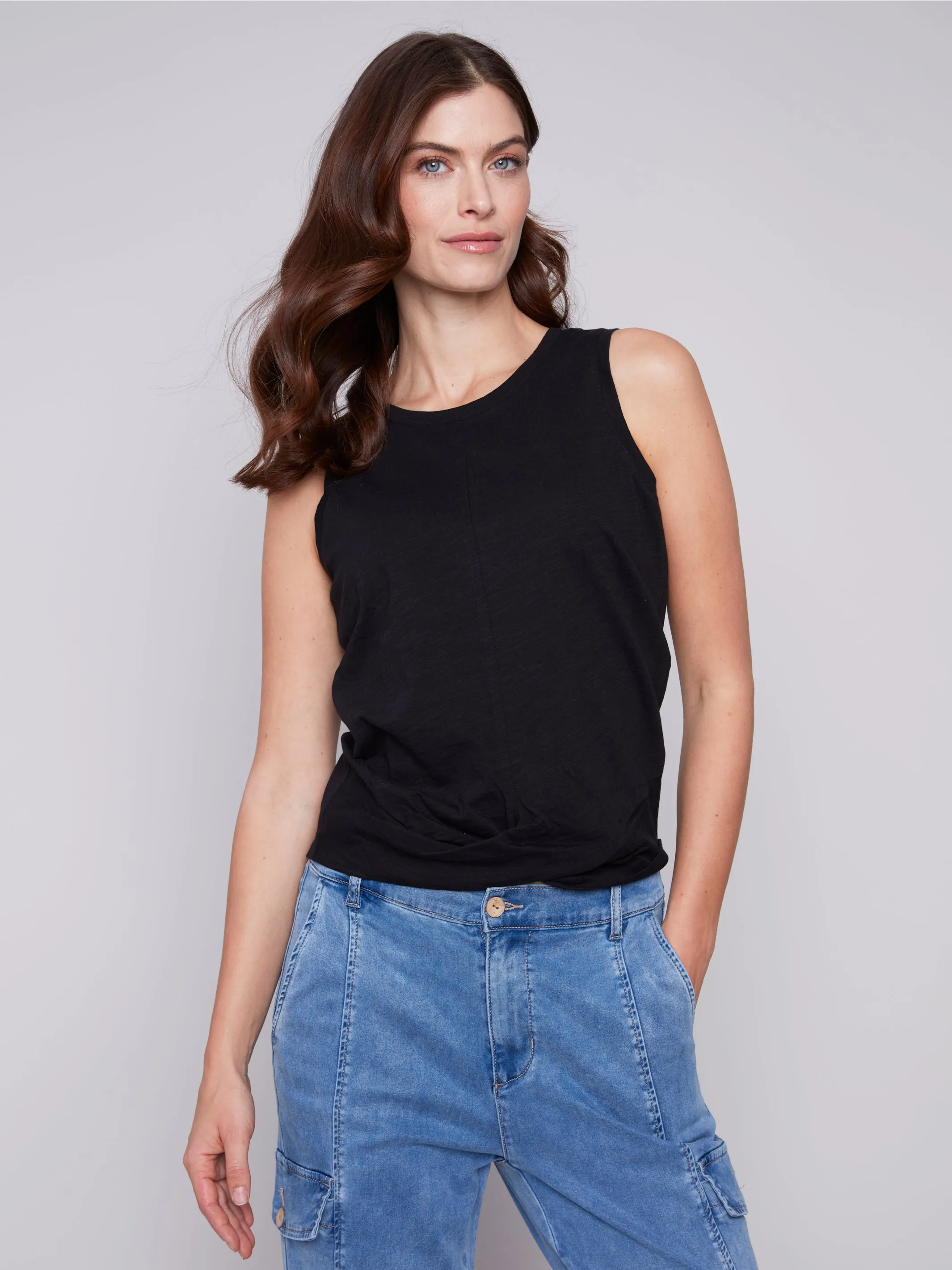 Black Organic Cotton Slub Faux Knot Tank Top