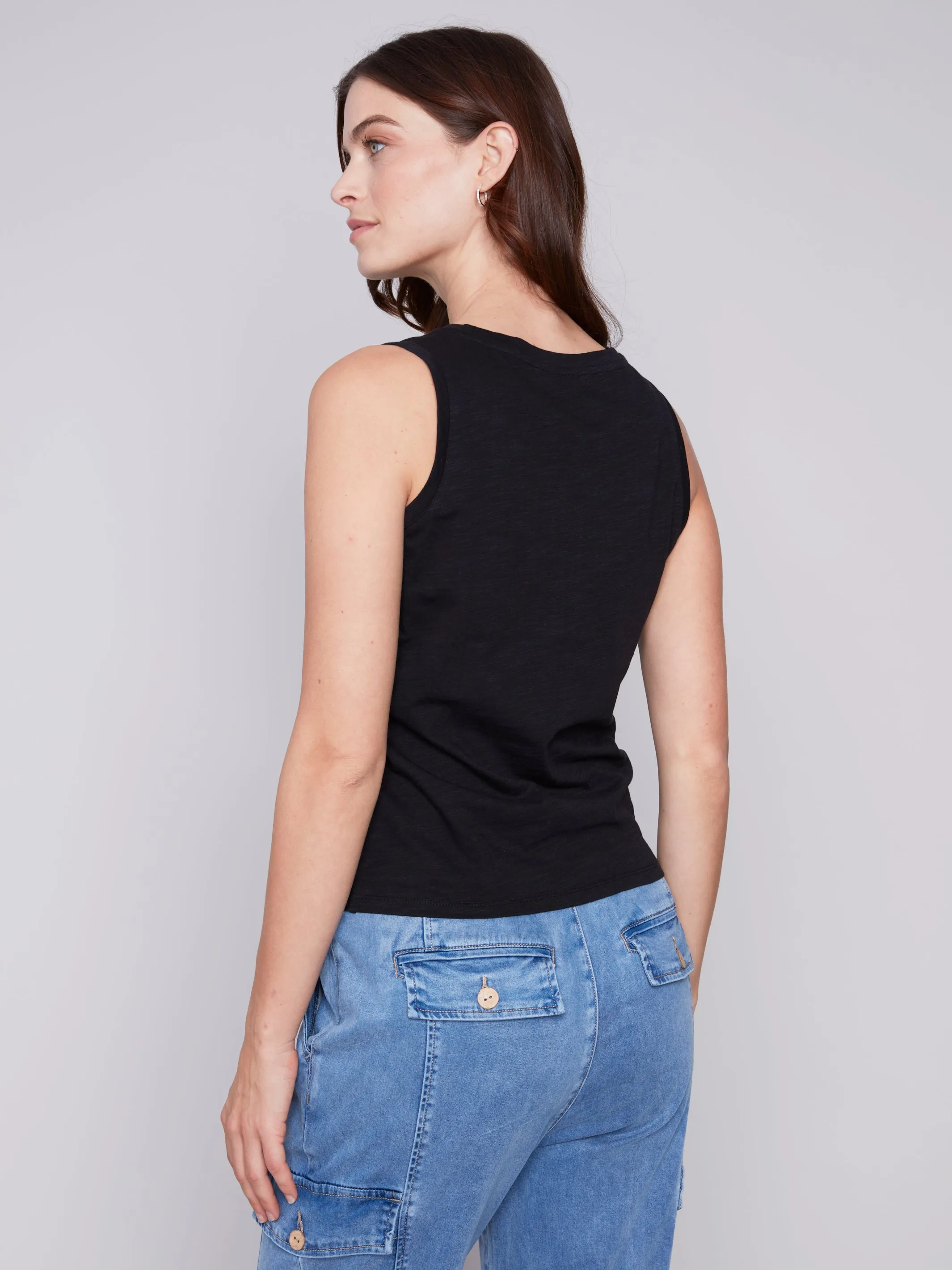 Black Organic Cotton Slub Faux Knot Tank Top