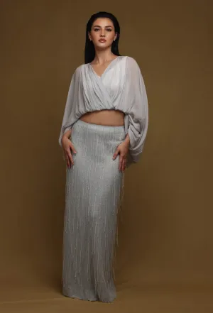 Blue fringed skirt and blouse set