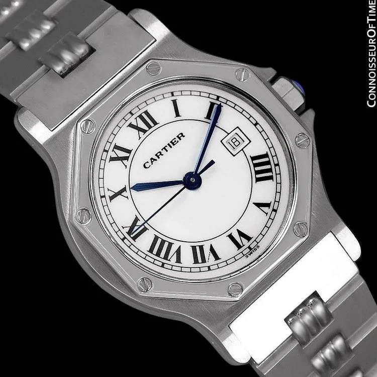 Cartier Santos Octagon Godron Mens Midsize Watch, Automatic - Stainless Steel