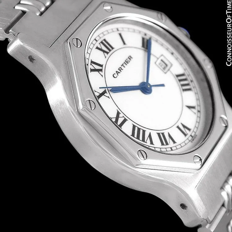 Cartier Santos Octagon Godron Mens Midsize Watch, Automatic - Stainless Steel