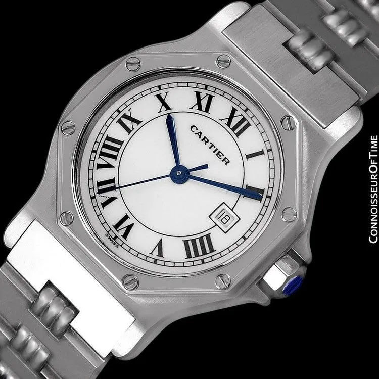 Cartier Santos Octagon Godron Mens Midsize Watch, Automatic - Stainless Steel
