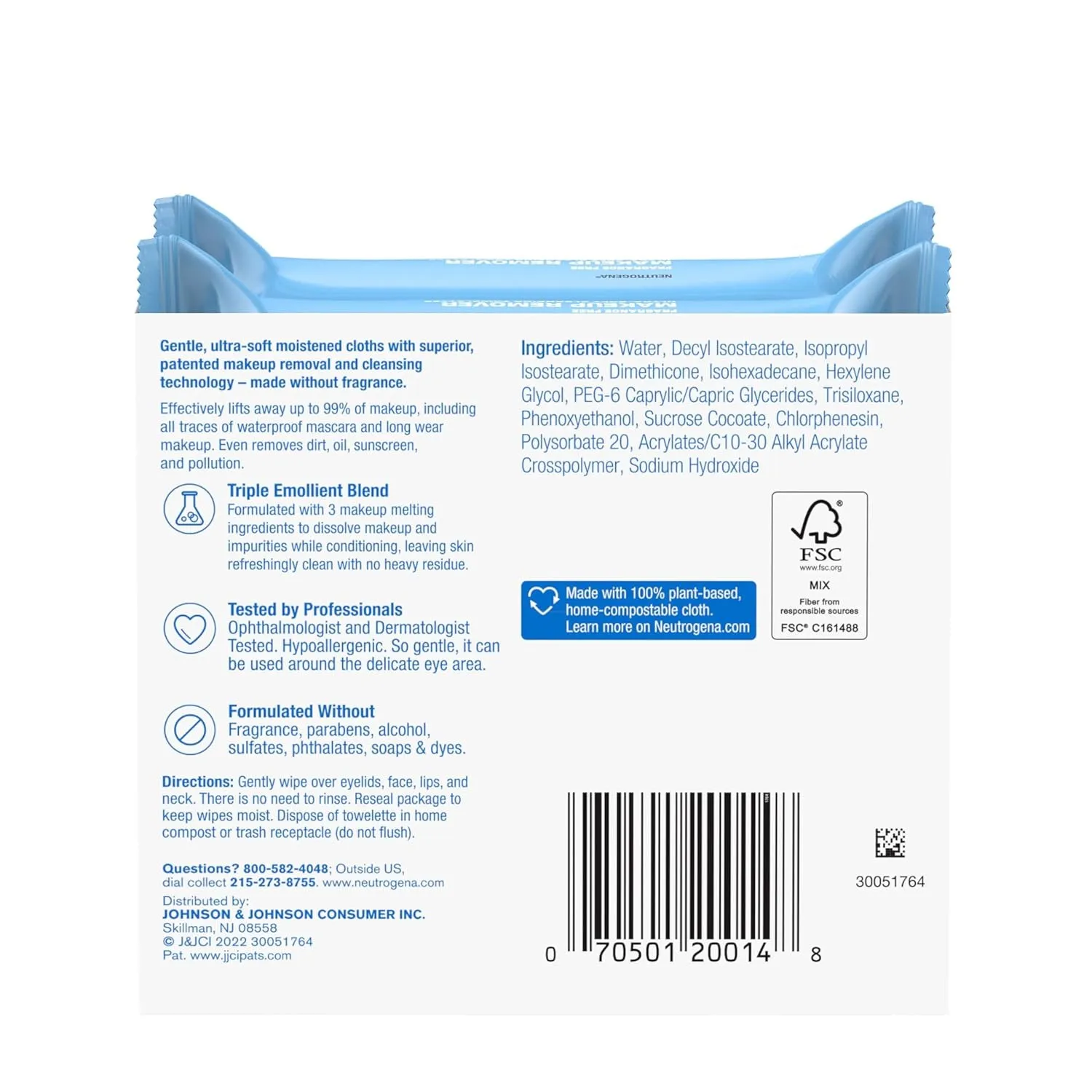 Cleansing Fragrance Free Makeup Remover Face Wipes, Cleansing Facial Towelettes for Waterproof Makeup, Alcohol-Free, Unscented, 100% Plant-Based Fibers, Twin Pack, 2 X 25 Ct