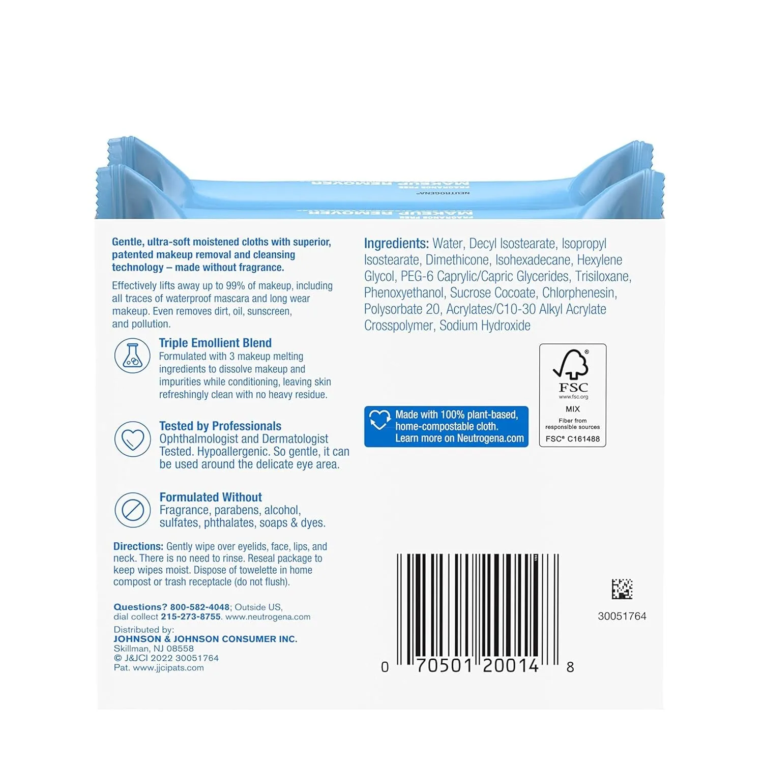 Cleansing Fragrance Free Makeup Remover Face Wipes, Cleansing Facial Towelettes for Waterproof Makeup, Alcohol-Free, Unscented, 100% Plant-Based Fibers, Twin Pack, 2 X 25 Ct