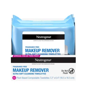 Cleansing Fragrance Free Makeup Remover Face Wipes, Cleansing Facial Towelettes for Waterproof Makeup, Alcohol-Free, Unscented, 100% Plant-Based Fibers, Twin Pack, 2 X 25 Ct