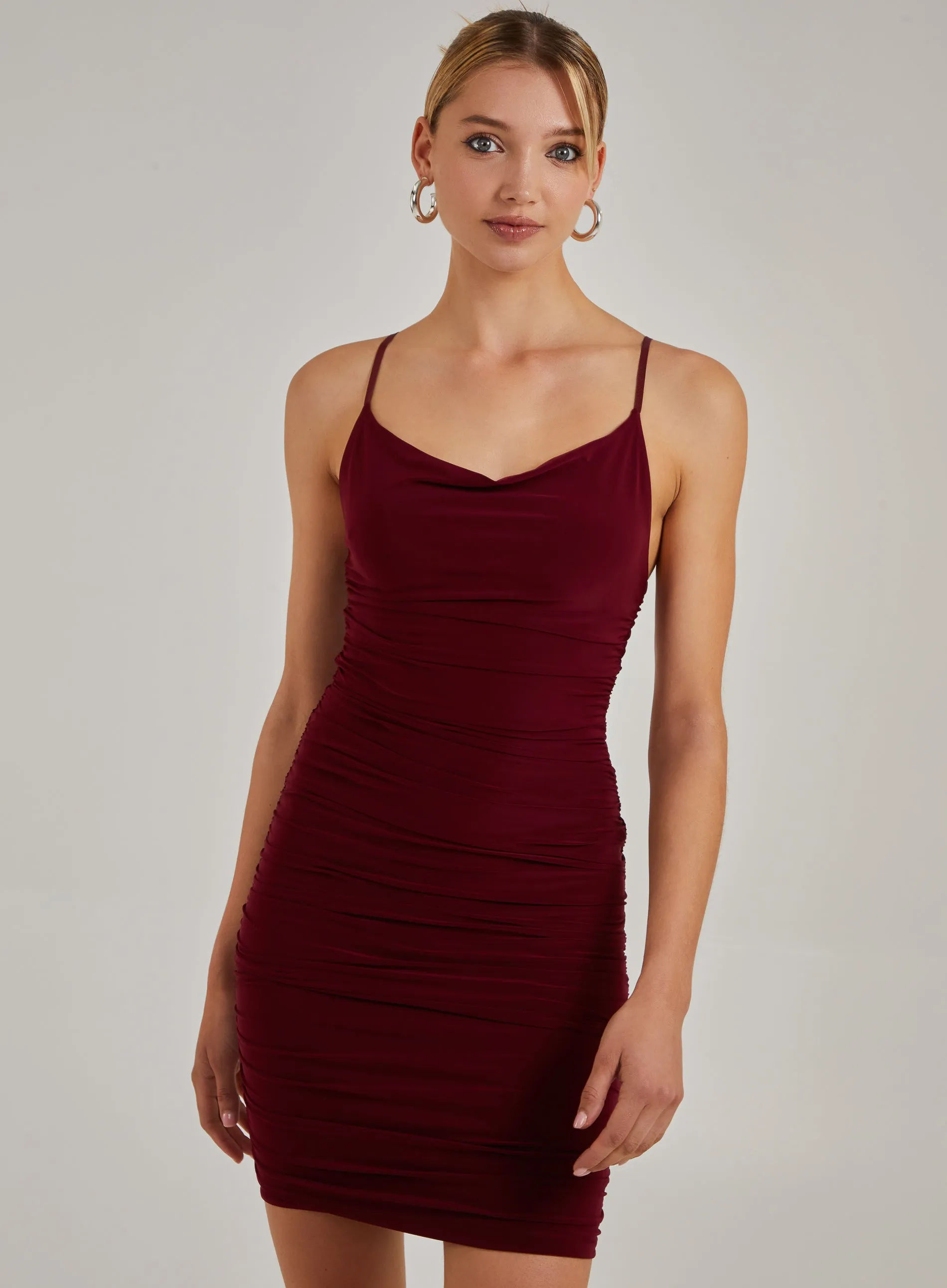 Cowl Neck Ruched Slinky Midi Dress