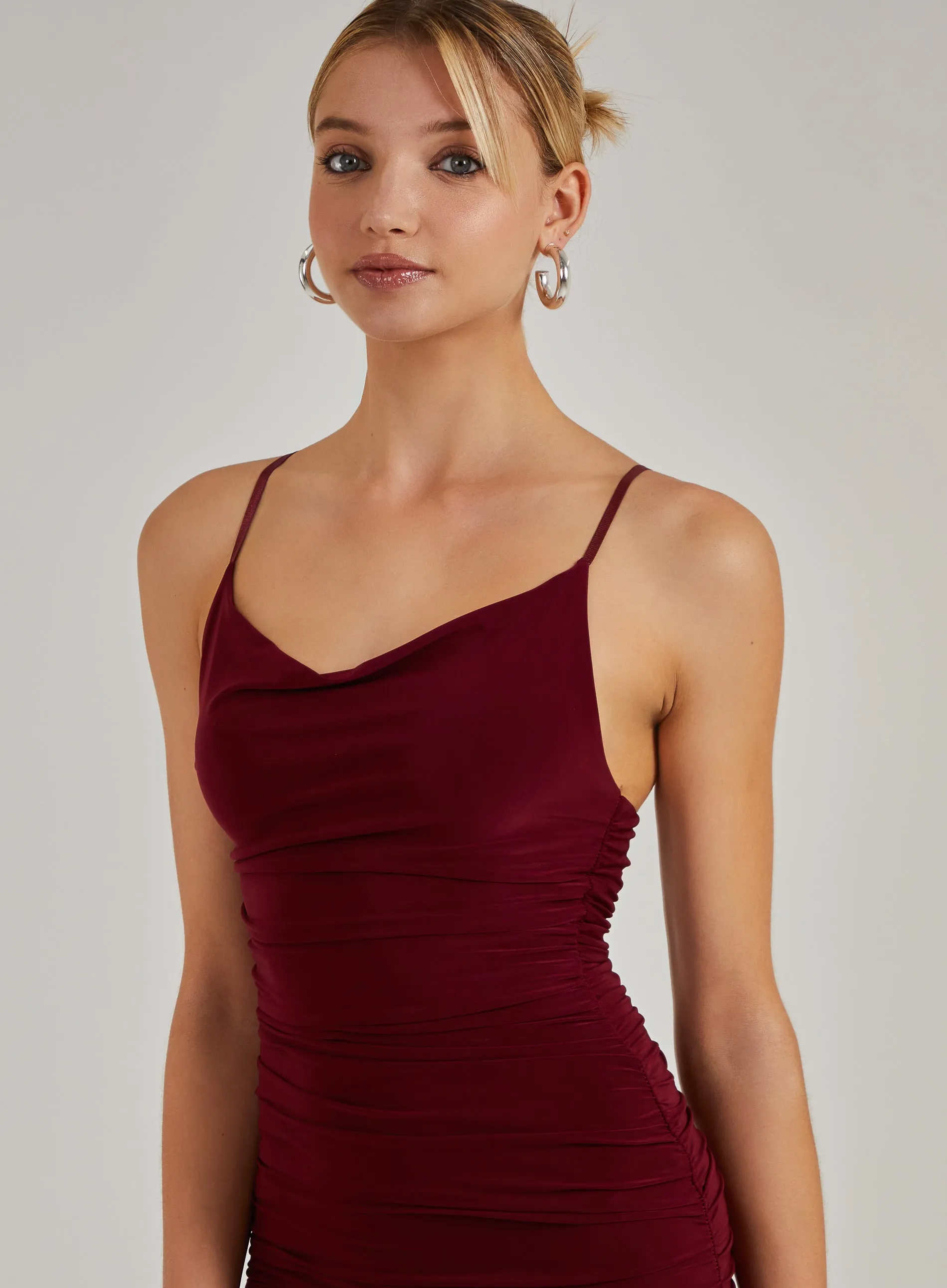 Cowl Neck Ruched Slinky Midi Dress