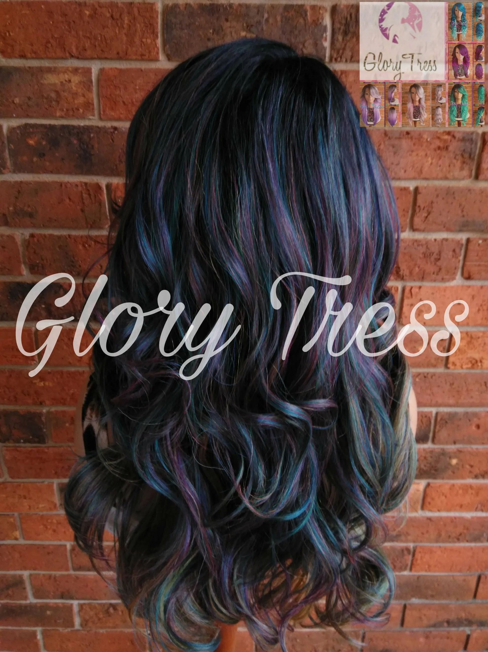 Curly Lace Front Wig, Glory Tress, Ombre Oil Slick Rainbow Hair, Dark Rooted Bombshell Wig // SALVATION