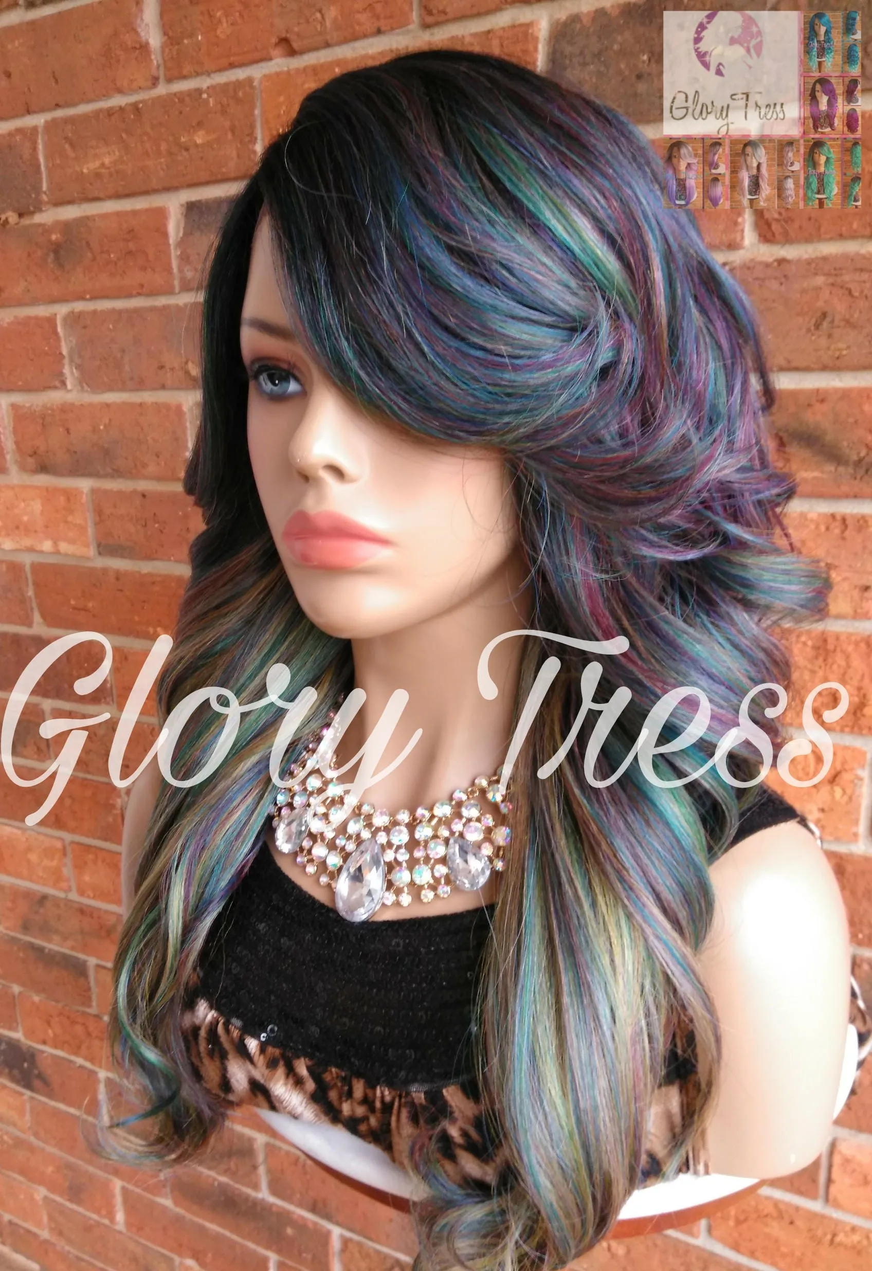 Curly Lace Front Wig, Glory Tress, Ombre Oil Slick Rainbow Hair, Dark Rooted Bombshell Wig // SALVATION