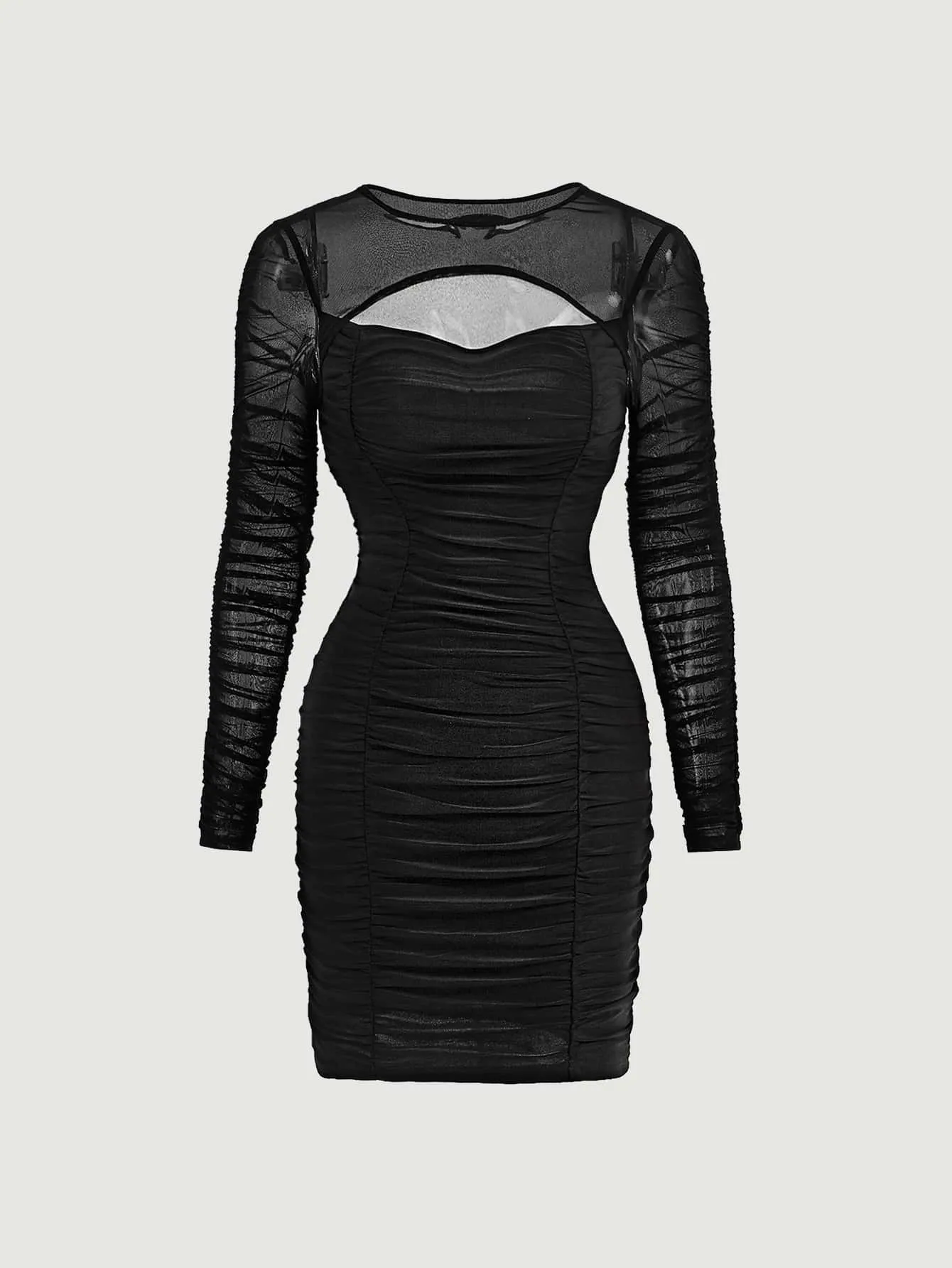 Cut Out Ruched Contrast Mesh Bodycon Dress