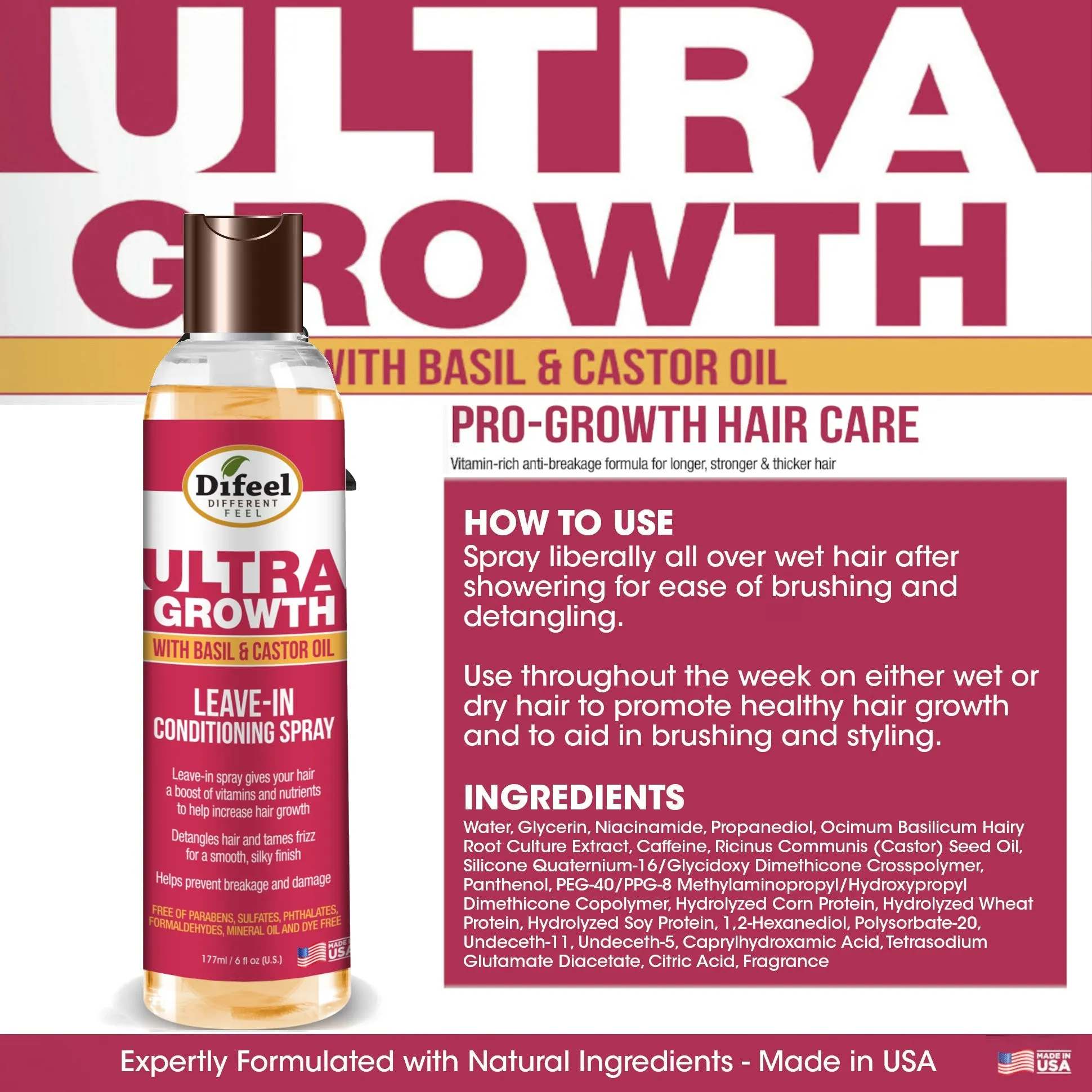 Difeel Ultra Growth Basil & Castor Hair Oil Leave in Conditioning Spray 8 oz. Larger Bottle