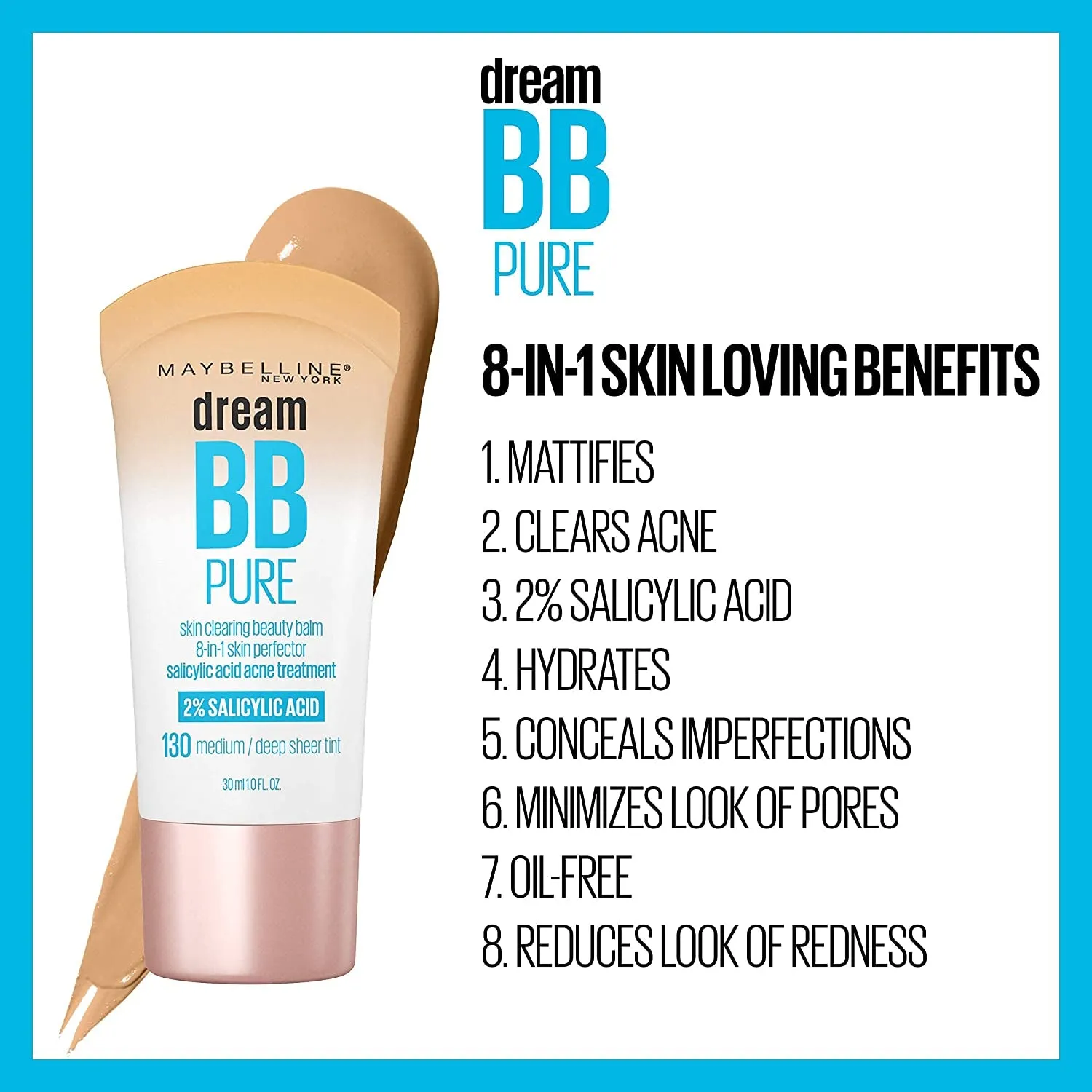 Dream Pure Skin Clearing BB Cream, 8-In-1 Skin Perfecting Beauty Balm with 2% Salicylic Acid, Sheer Tint Coverage, Oil-Free, Medium, 1 Count
