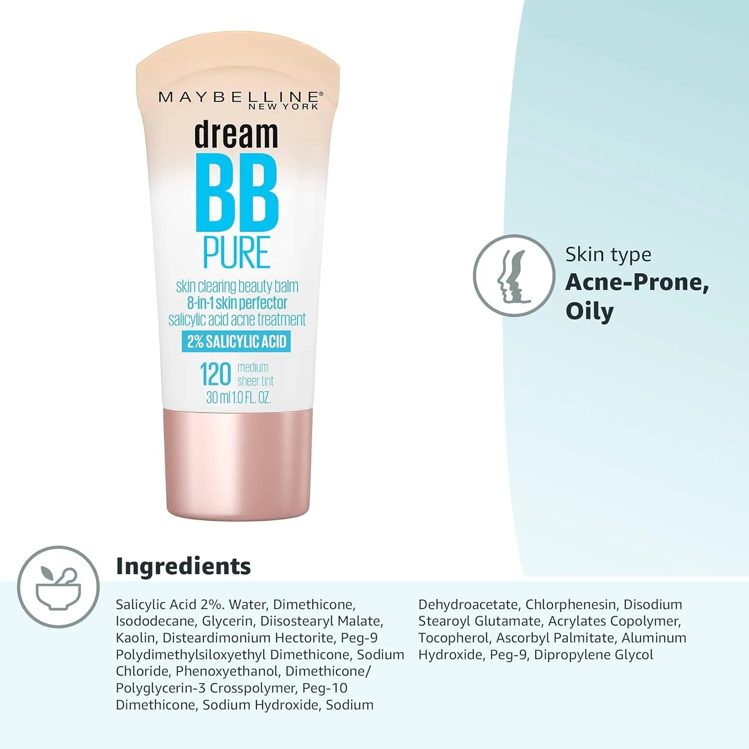 Dream Pure Skin Clearing BB Cream, 8-In-1 Skin Perfecting Beauty Balm with 2% Salicylic Acid, Sheer Tint Coverage, Oil-Free, Medium, 1 Count
