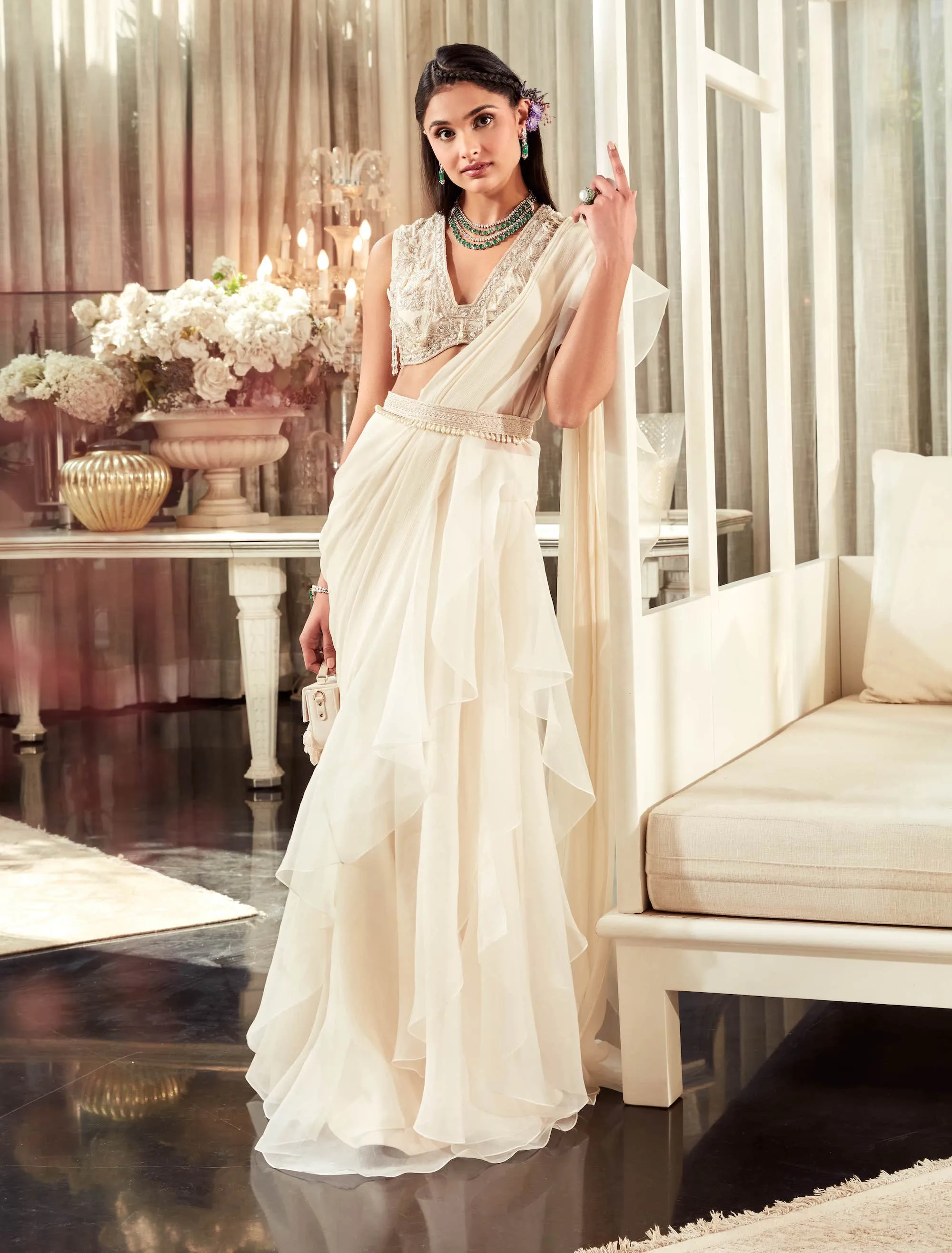 Elm Ivory Draped Saree Set