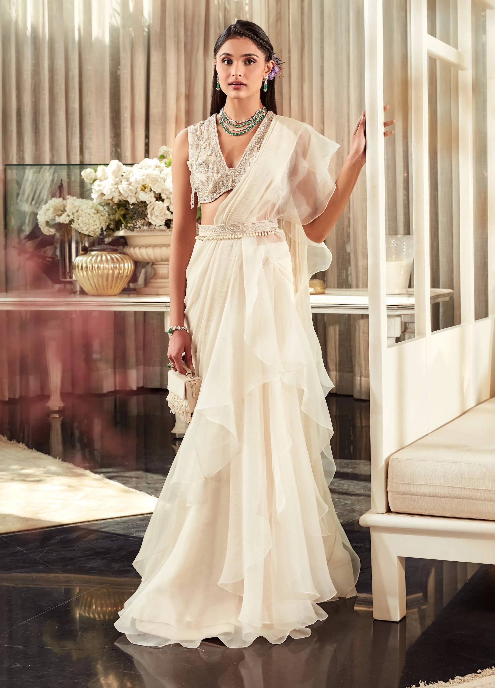 Elm Ivory Draped Saree Set