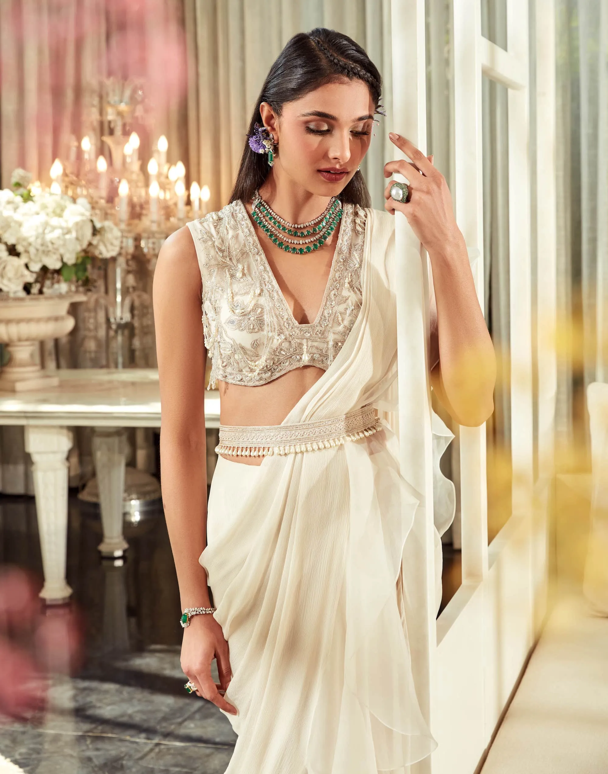 Elm Ivory Draped Saree Set