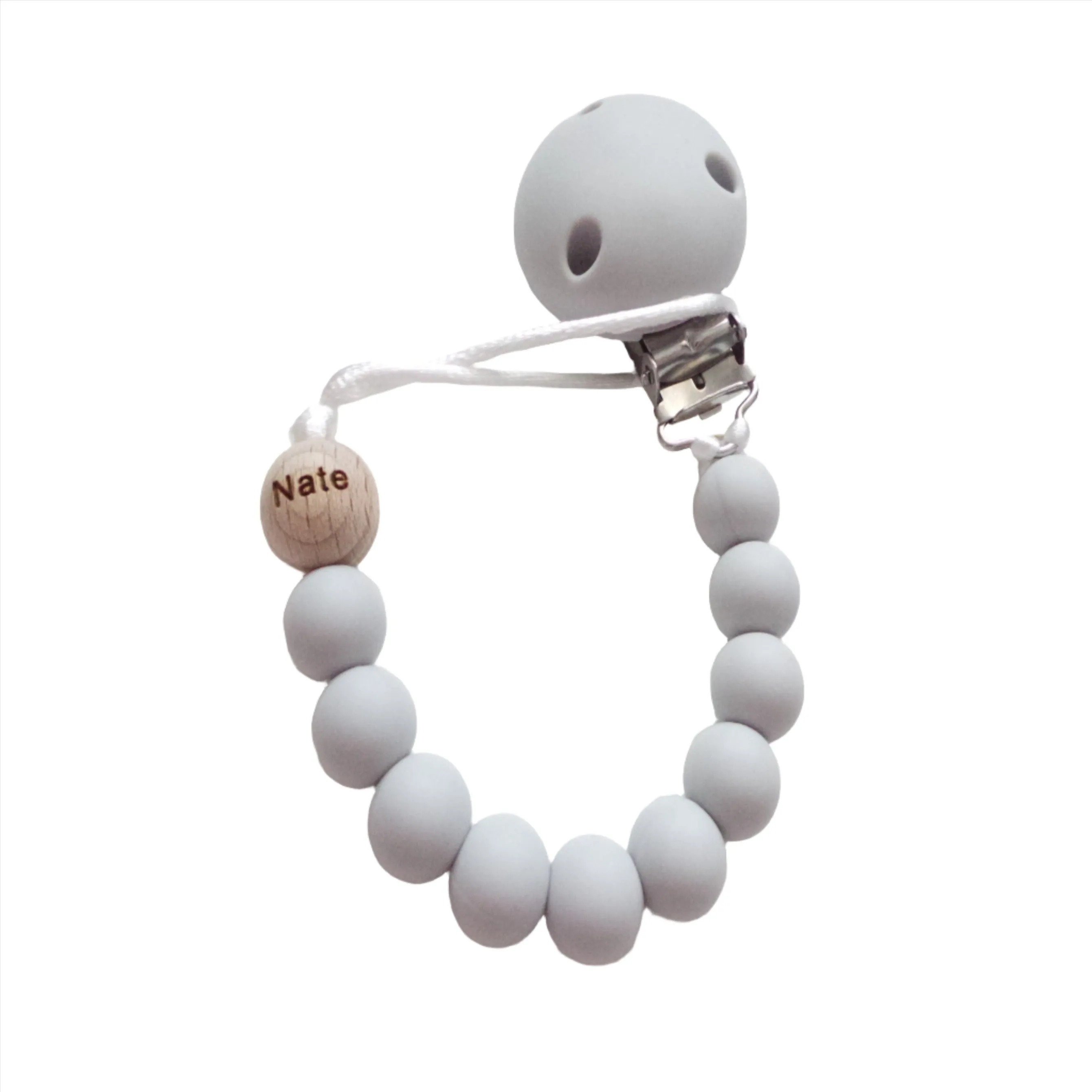 Engraved Name Silicone Dummy clip- Light Grey