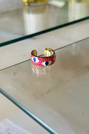 Evil Eye Enamel Ring - Coral
