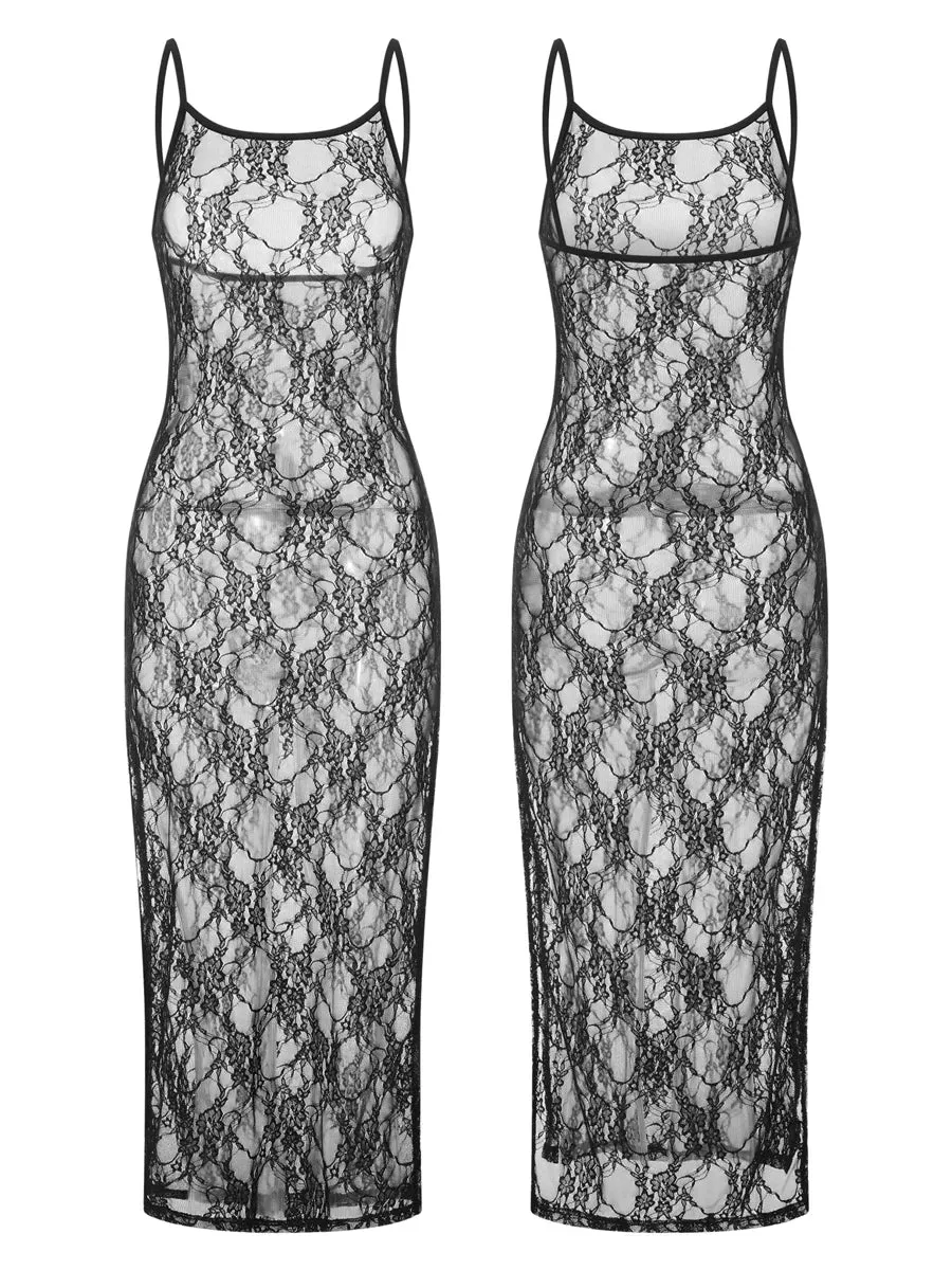 Fashion Spaghetti Strap See-Through Midi Dress