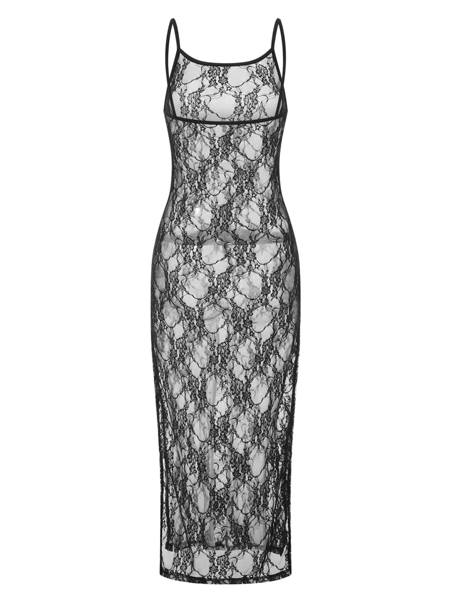 Fashion Spaghetti Strap See-Through Midi Dress