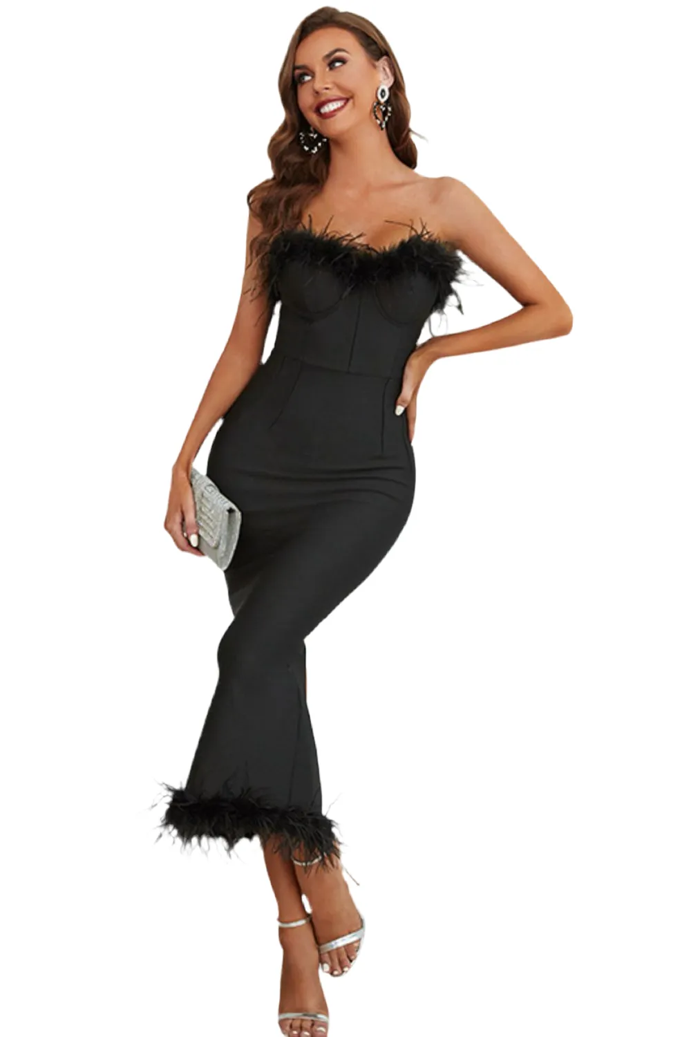 Feather Trim Strapless Sweetheart Neck Dress