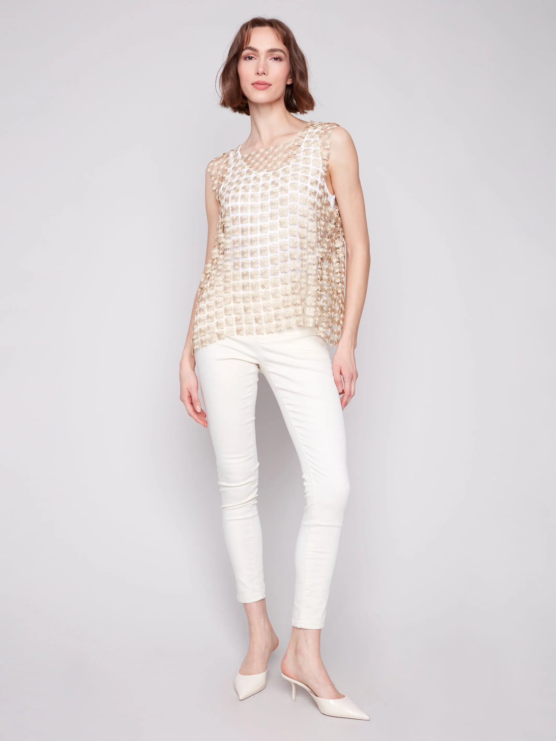 Gold Crochet Flower Sleeveless Top