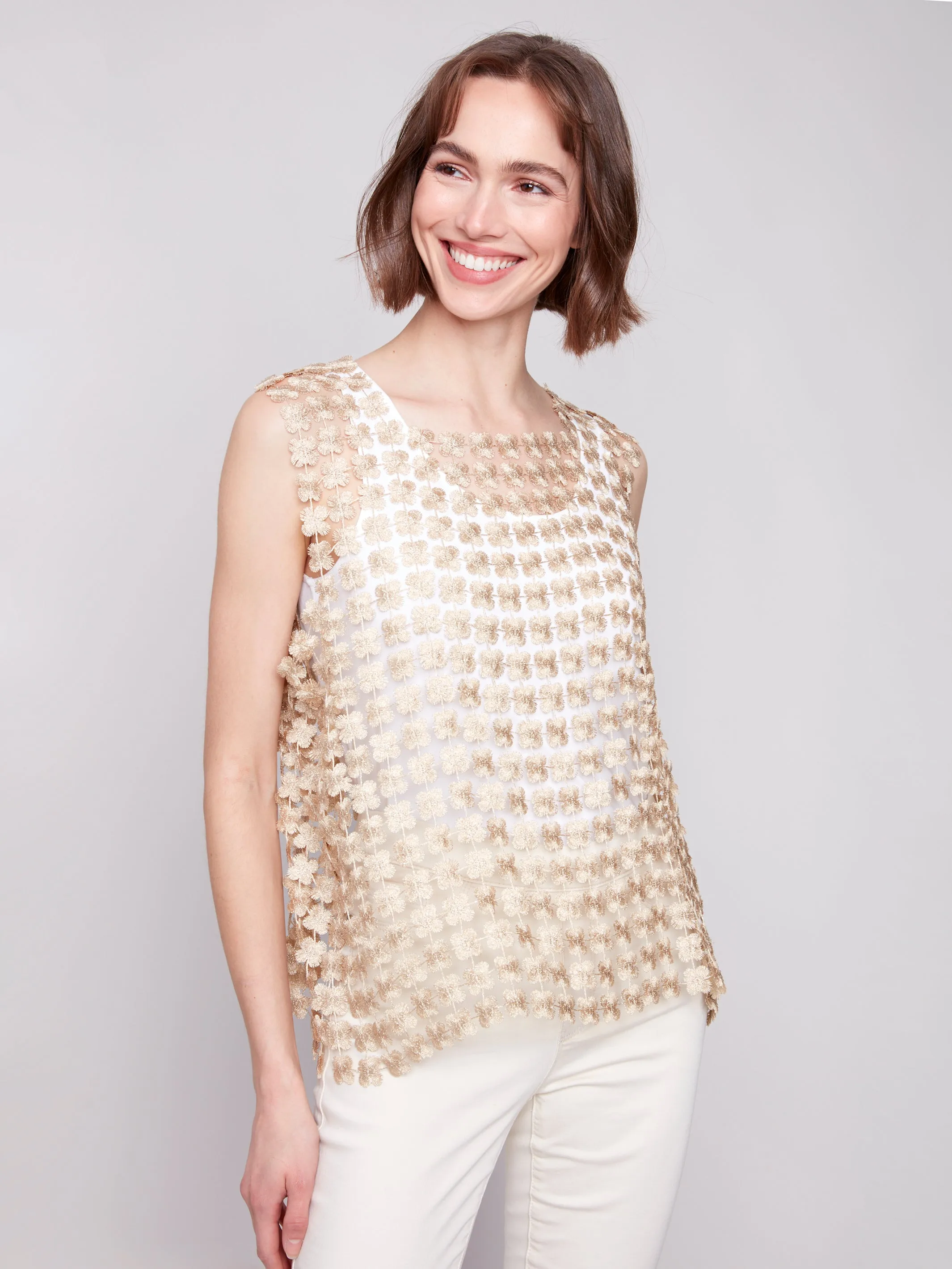 Gold Crochet Flower Sleeveless Top