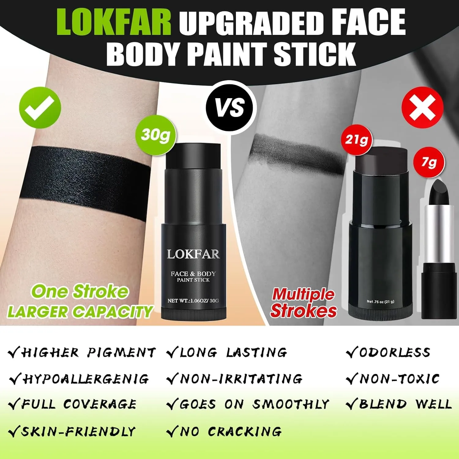 Green Face Paint Stick, Green Body Paint Halloween Face-Paint, Football Baseball Green Eye Black Stick, Full-Coverage Green Face Makeup for Halloween Witch Alien Frankenstein Cosplay Makeup