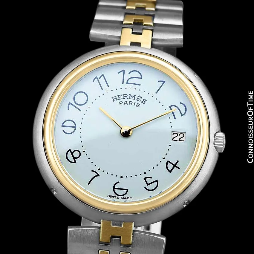 Hermes Profile Unisex Mens Midsize Watch with Bracelet - 18K Gold Plated & Stainless Steel